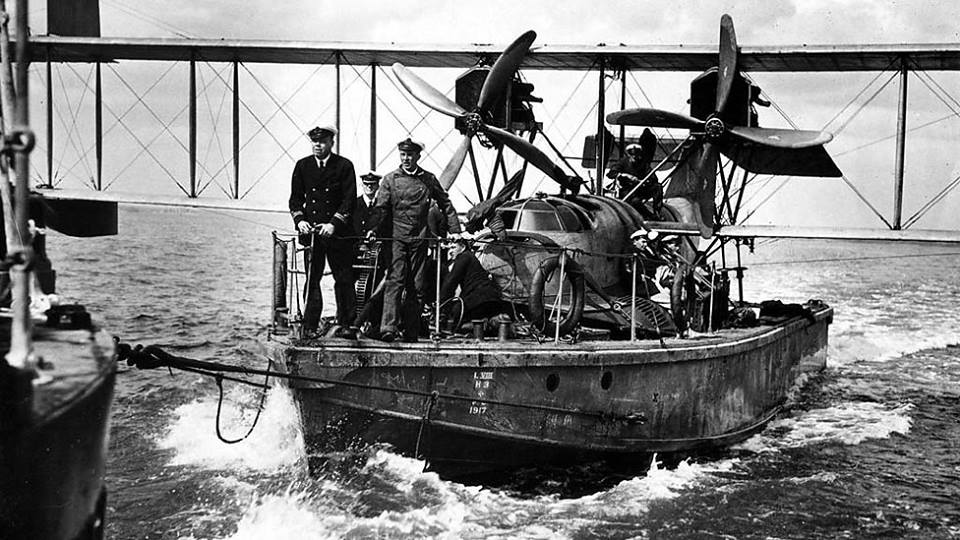Z A 1918 Thorneycroft Seaplane Lighter with a Felixstowe F2a seaplane embarked